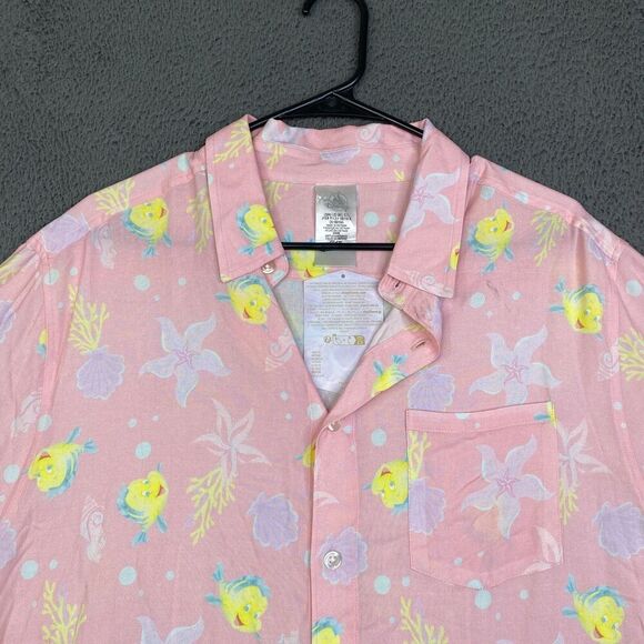 Disney Button Down Mens L Pink The Little Mermaid Flounder Camp Shirt Rayon NEW - Picture 2 of 9